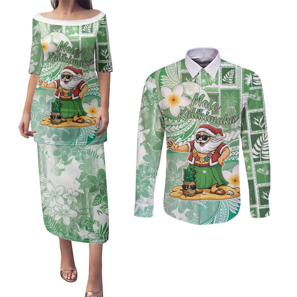Hawaii Mele Kalikimaka Couples Matching Puletasi and Long Sleeve Button Shirt Hula Santa Retro Style Green - Polynesian Pride