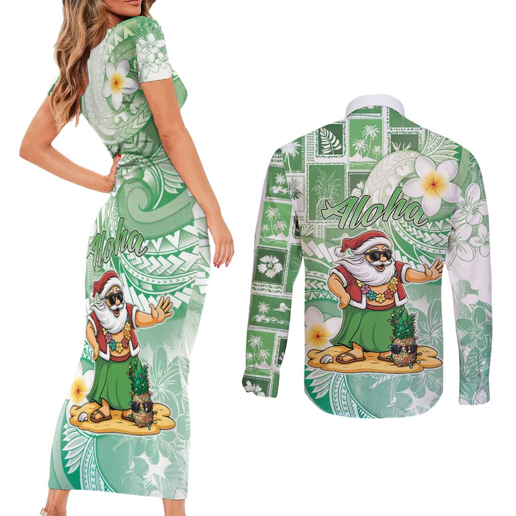 Hawaii Mele Kalikimaka Couples Matching Short Sleeve Bodycon Dress and Long Sleeve Button Shirt Hula Santa Retro Style Green - Polynesian Pride