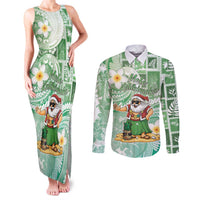 Hawaii Mele Kalikimaka Couples Matching Tank Maxi Dress and Long Sleeve Button Shirt Hula Santa Retro Style Green - Polynesian Pride