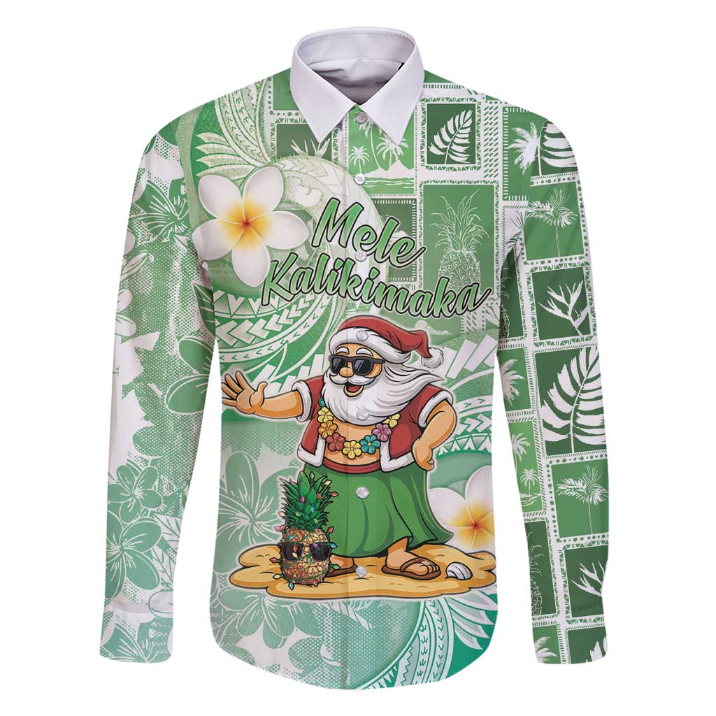 Hawaii Mele Kalikimaka Family Matching Long Sleeve Bodycon Dress and Hawaiian Shirt Hula Santa Retro Style Green - Polynesian Pride