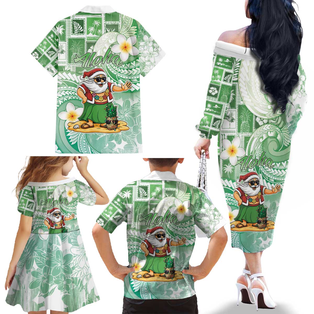 Hawaii Mele Kalikimaka Family Matching Off The Shoulder Long Sleeve Dress and Hawaiian Shirt Hula Santa Retro Style Green - Polynesian Pride
