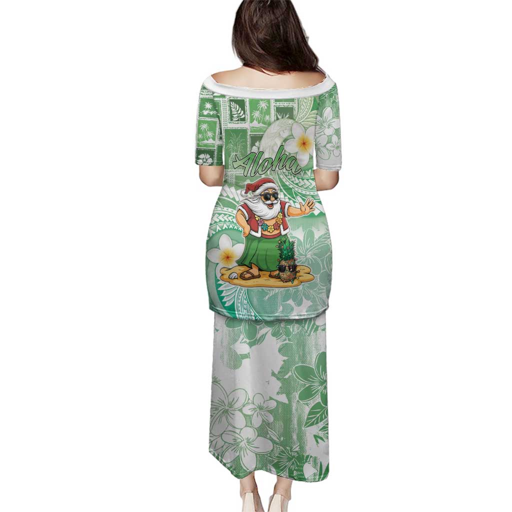 Hawaii Mele Kalikimaka Family Matching Puletasi and Hawaiian Shirt Hula Santa Retro Style Green - Polynesian Pride