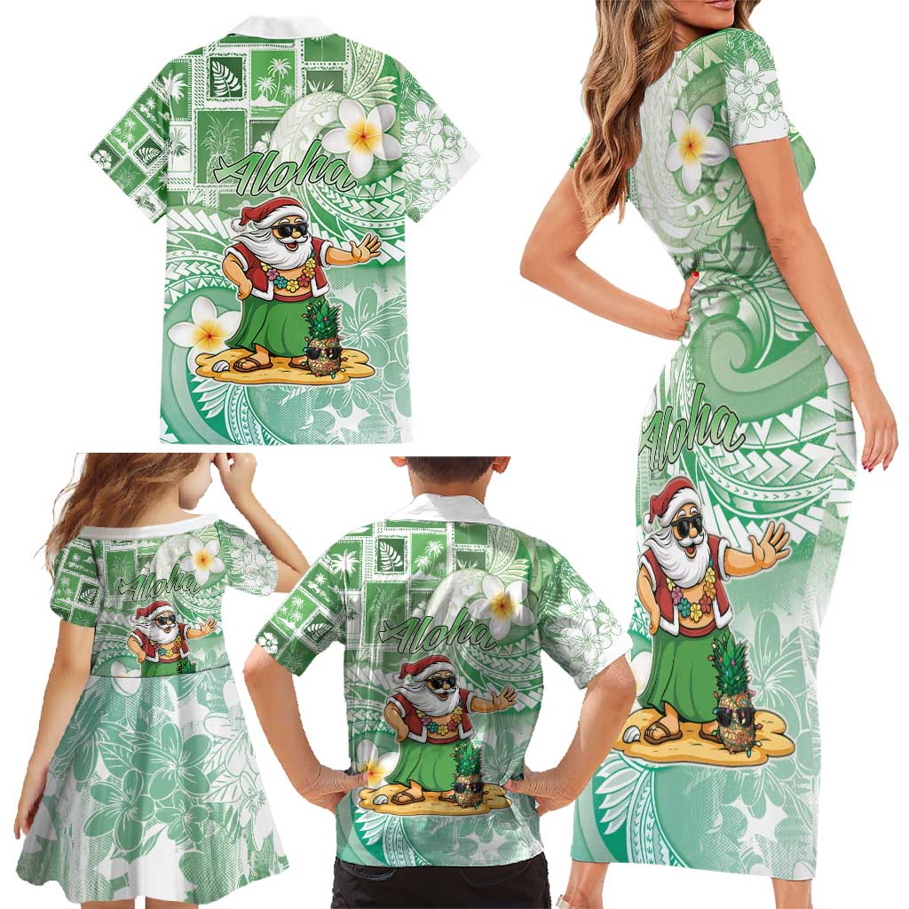 Hawaii Mele Kalikimaka Family Matching Short Sleeve Bodycon Dress and Hawaiian Shirt Hula Santa Retro Style Green - Polynesian Pride