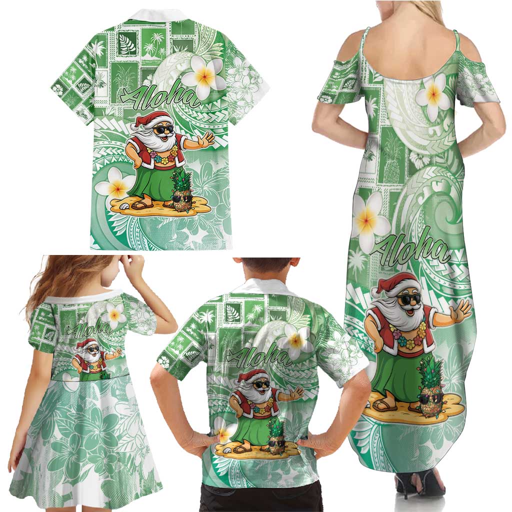 Hawaii Mele Kalikimaka Family Matching Summer Maxi Dress and Hawaiian Shirt Hula Santa Retro Style Green - Polynesian Pride