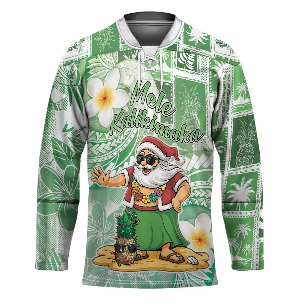Hawaii Mele Kalikimaka Hockey Jersey Hula Santa Retro Style Green - Polynesian Pride