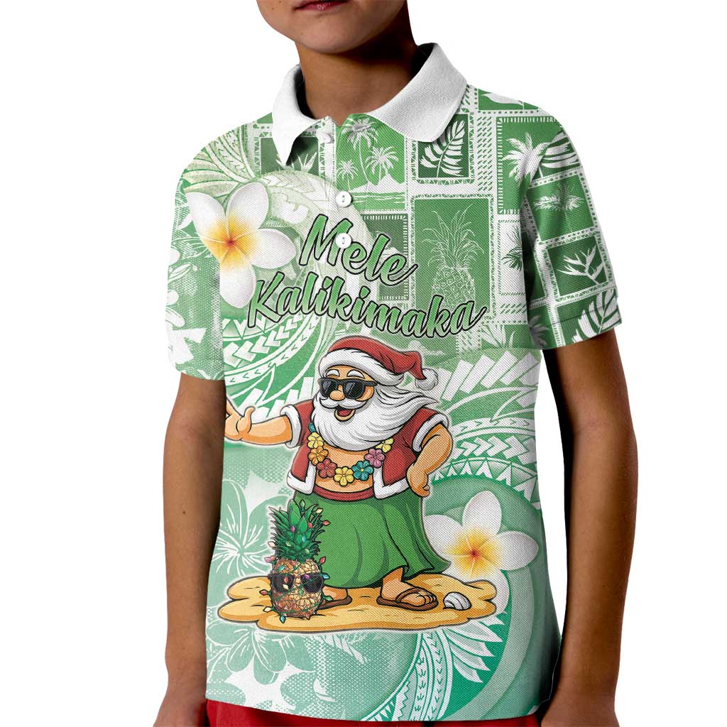 Hawaii Mele Kalikimaka Kid Polo Shirt Hula Santa Retro Style Green - Polynesian Pride