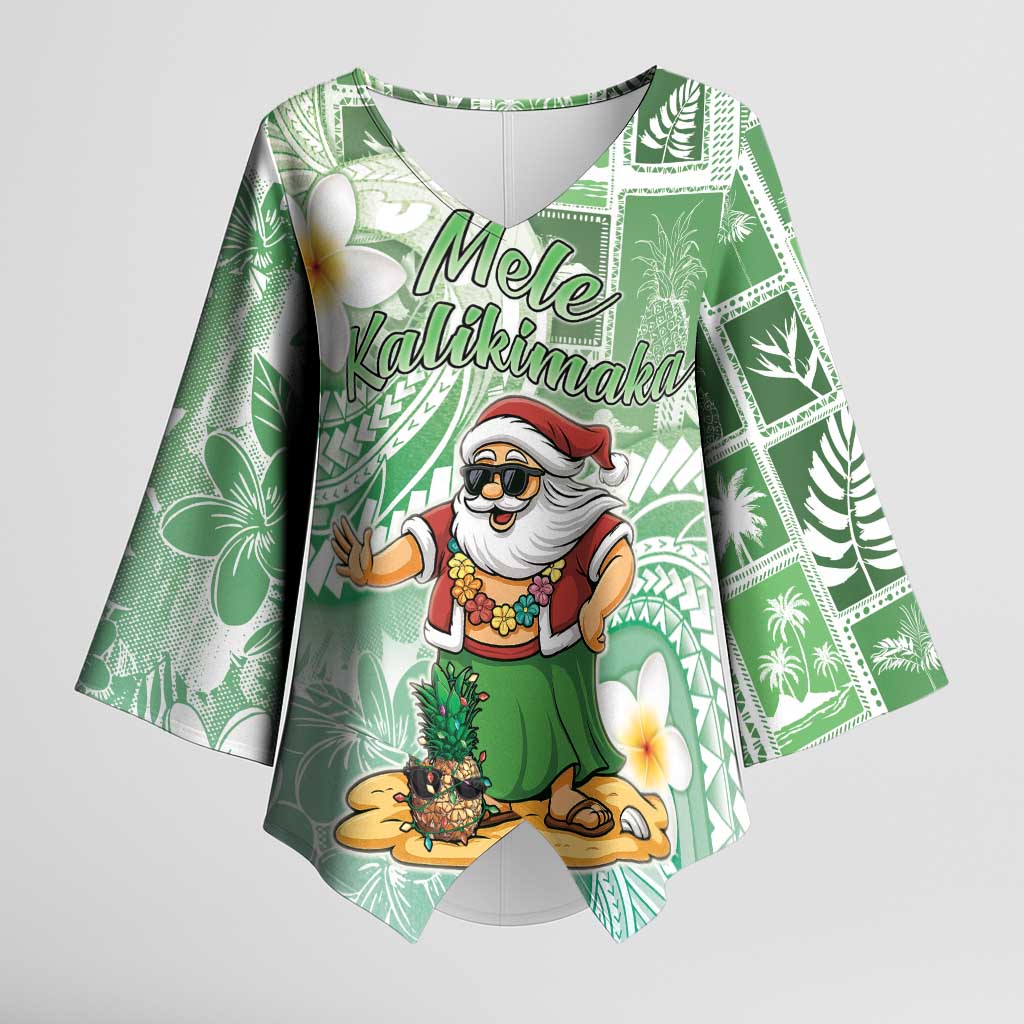 Hawaii Mele Kalikimaka Kimono Sleeve Blouse Hula Santa Retro Style Green - Polynesian Pride