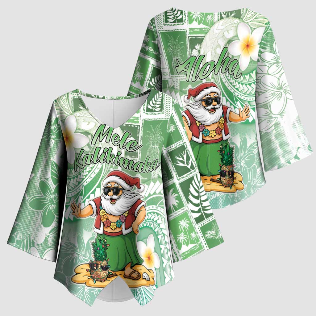 Hawaii Mele Kalikimaka Kimono Sleeve Blouse Hula Santa Retro Style Green - Polynesian Pride