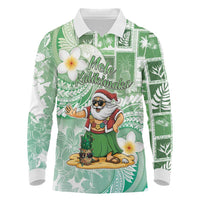 Hawaii Mele Kalikimaka Long Sleeve Polo Shirt Hula Santa Retro Style Green - Polynesian Pride