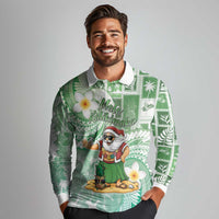 Hawaii Mele Kalikimaka Long Sleeve Polo Shirt Hula Santa Retro Style Green - Polynesian Pride