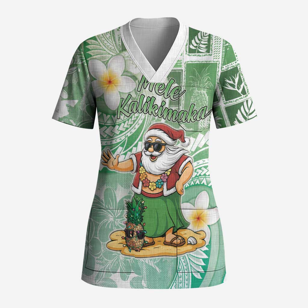 Hawaii Mele Kalikimaka Scrub Top Hula Santa Retro Style Green - Polynesian Pride