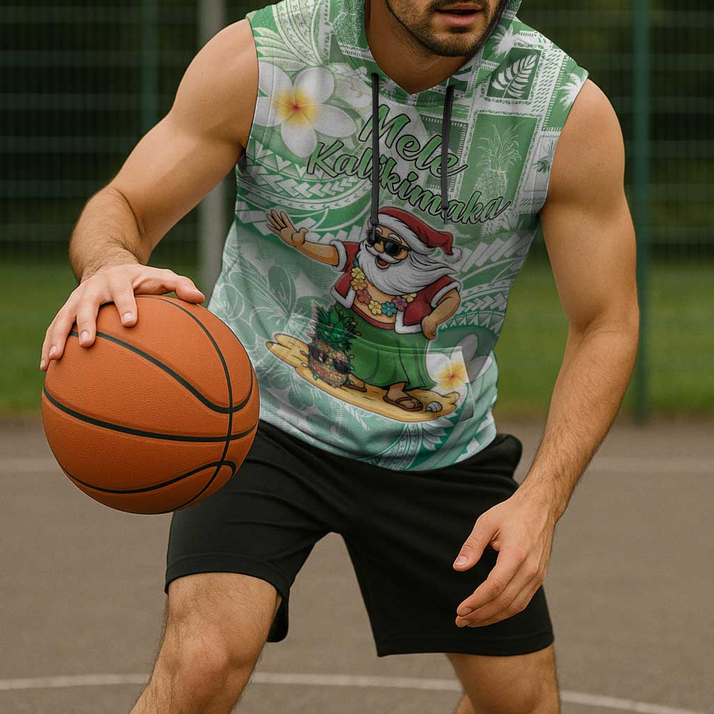 Hawaii Mele Kalikimaka Sleeveless Hoodie Hula Santa Retro Style Green - Polynesian Pride