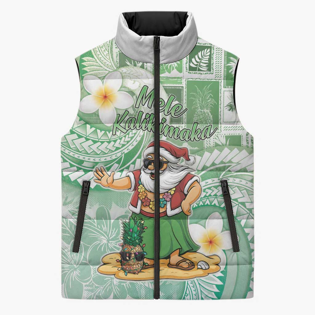 Hawaii Mele Kalikimaka Sleeveless Puffer Jacket Hula Santa Retro Style Green - Polynesian Pride