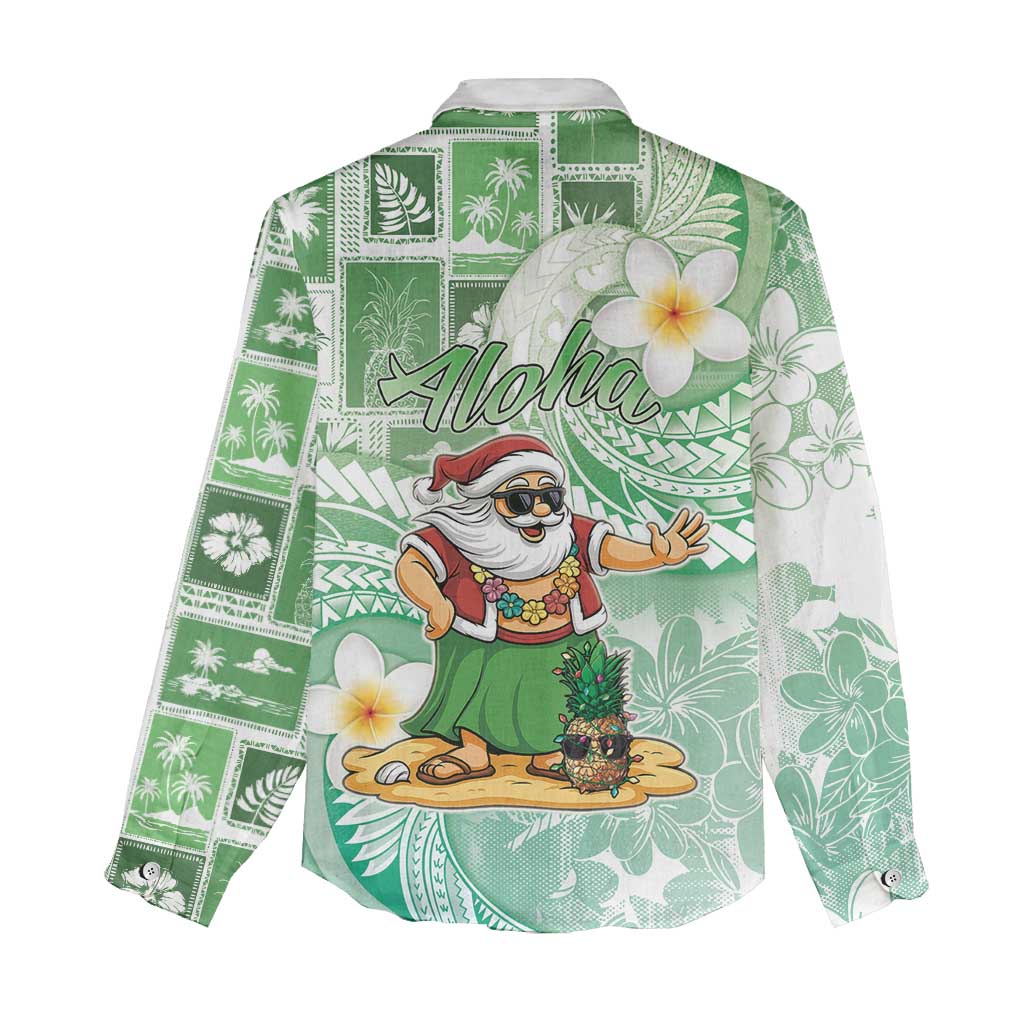 Hawaii Mele Kalikimaka Women Casual Shirt Hula Santa Retro Style Green - Polynesian Pride