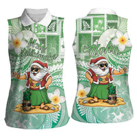 Hawaii Mele Kalikimaka Women Sleeveless Polo Shirt Hula Santa Retro Style Green - Polynesian Pride