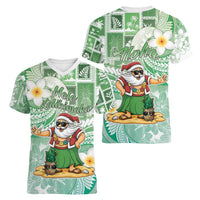 Hawaii Mele Kalikimaka Women V-Neck T-Shirt Hula Santa Retro Style Green - Polynesian Pride