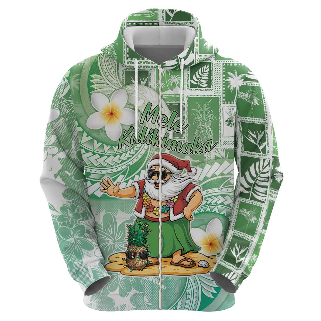 Hawaii Mele Kalikimaka Zip Hoodie Hula Santa Retro Style Green - Polynesian Pride