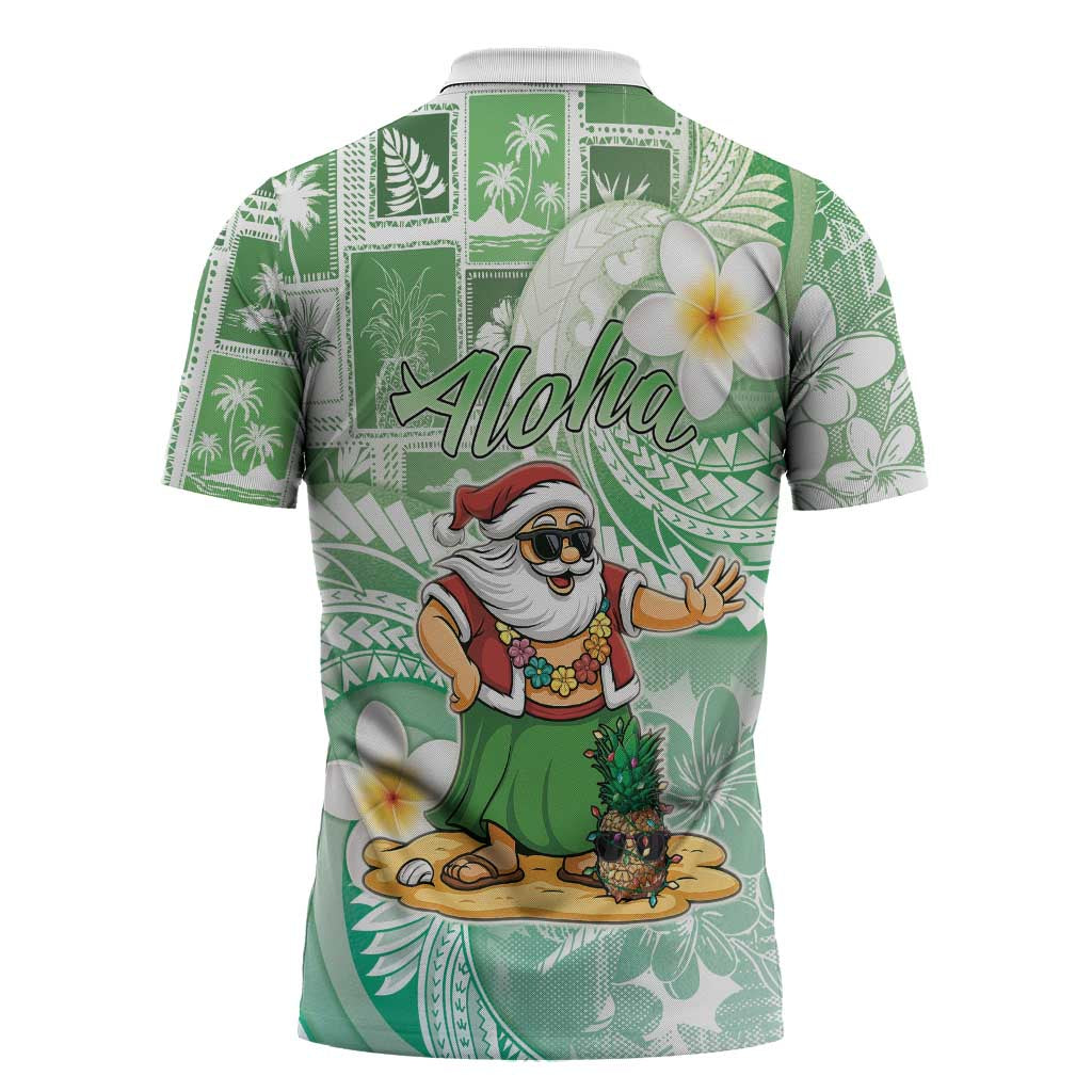 Hawaii Mele Kalikimaka Zipper Polo Shirt Hula Santa Retro Style Green - Polynesian Pride