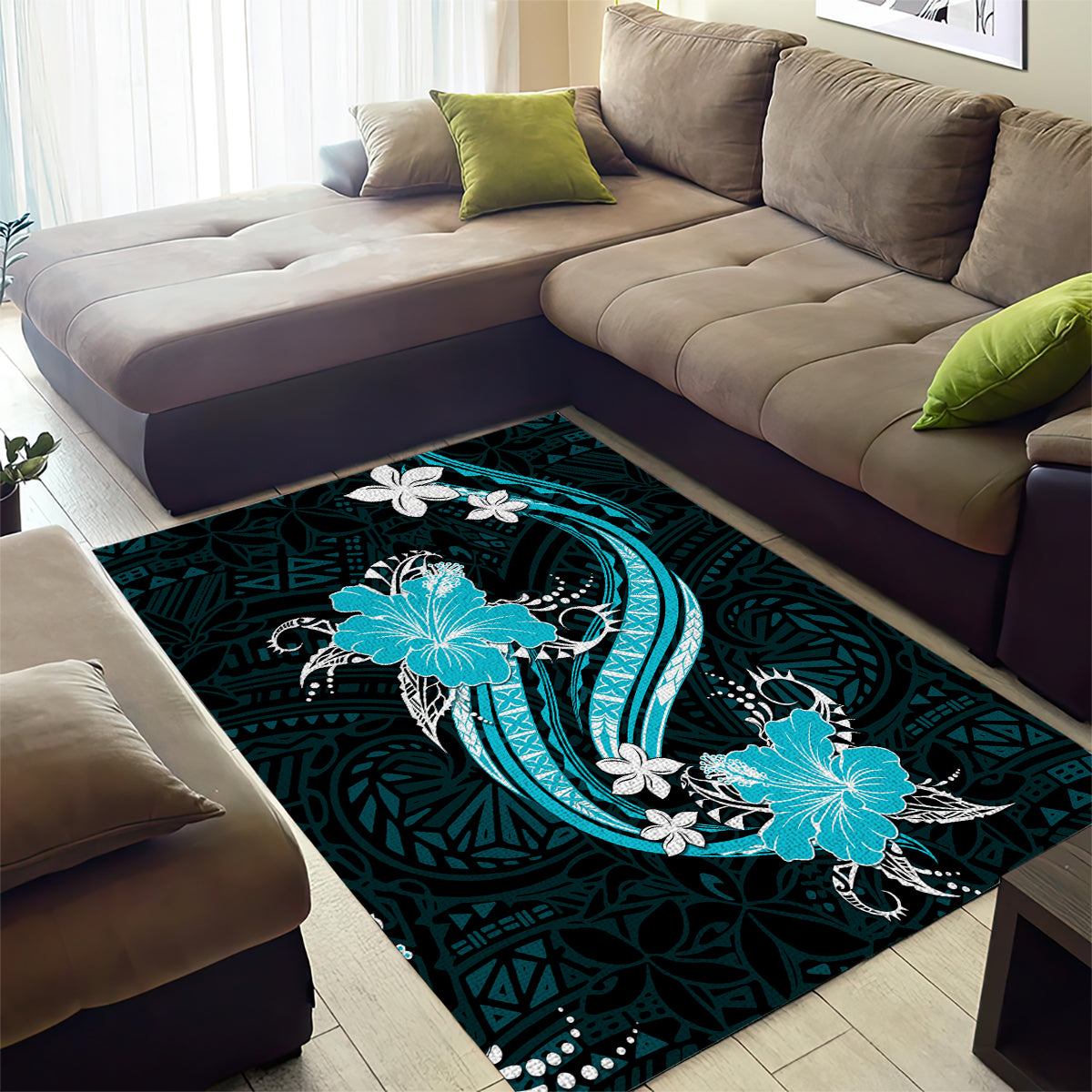 Aqua Polynesian Pattern With Tropical Flowers Area Rug LT05 - Polynesian Pride