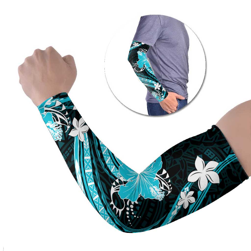 Aqua Polynesian Pattern With Tropical Flowers Arm Sleeves - Polynesian Pride