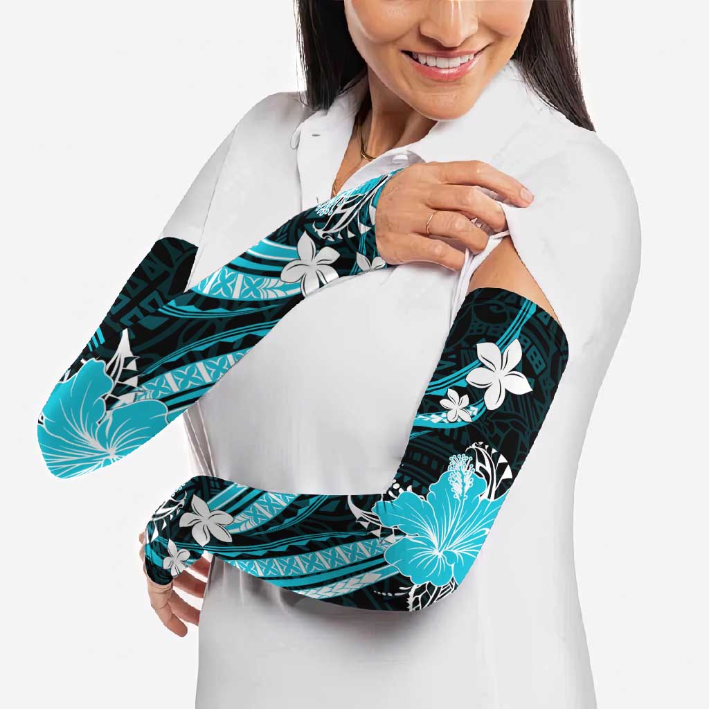 Aqua Polynesian Pattern With Tropical Flowers Arm Sleeves - Polynesian Pride