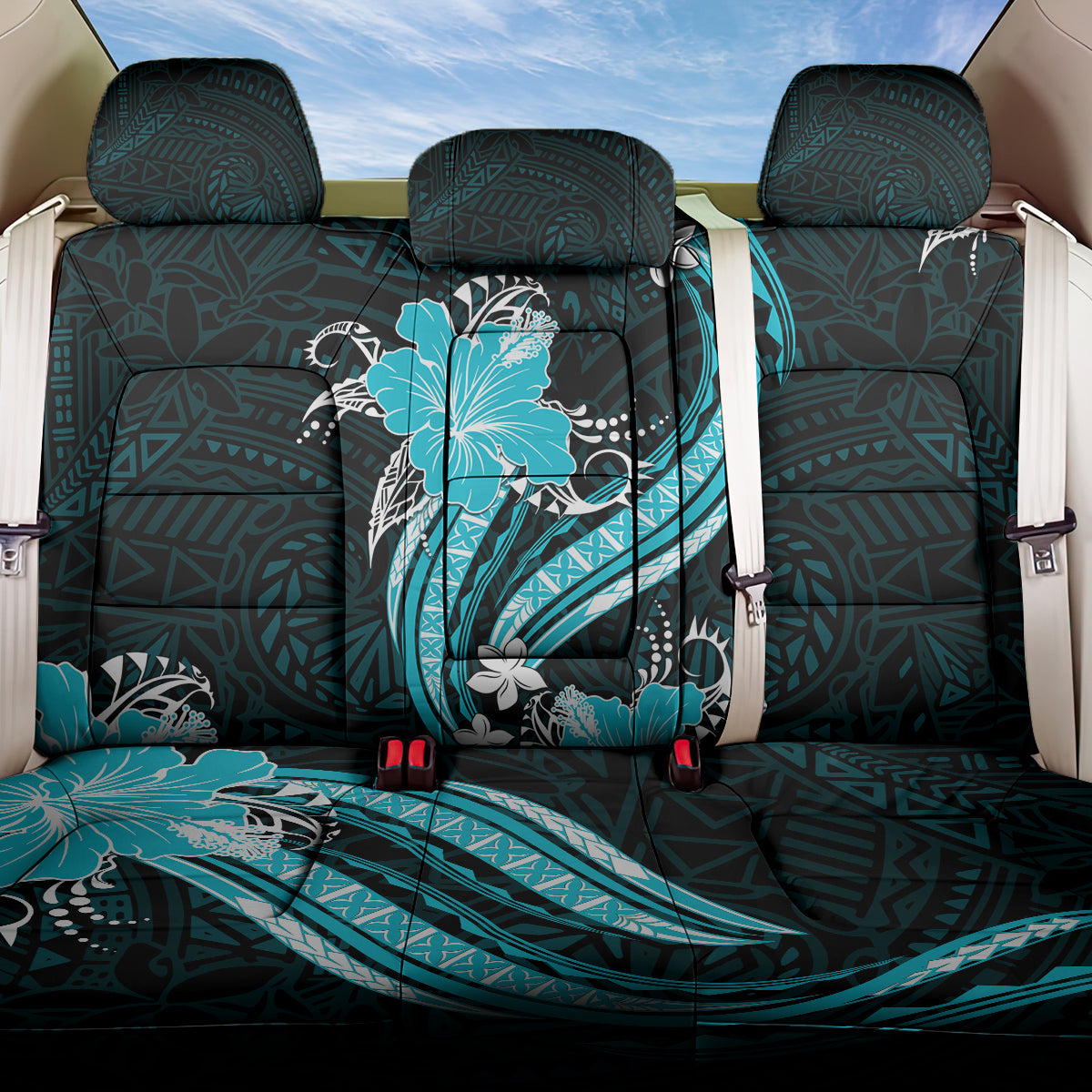 Aqua Polynesian Pattern With Tropical Flowers Back Car Seat Cover LT05 One Size Aqua - Polynesian Pride