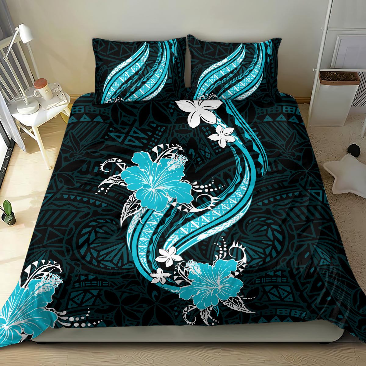 Aqua Polynesian Pattern With Tropical Flowers Bedding Set LT05 - Polynesian Pride