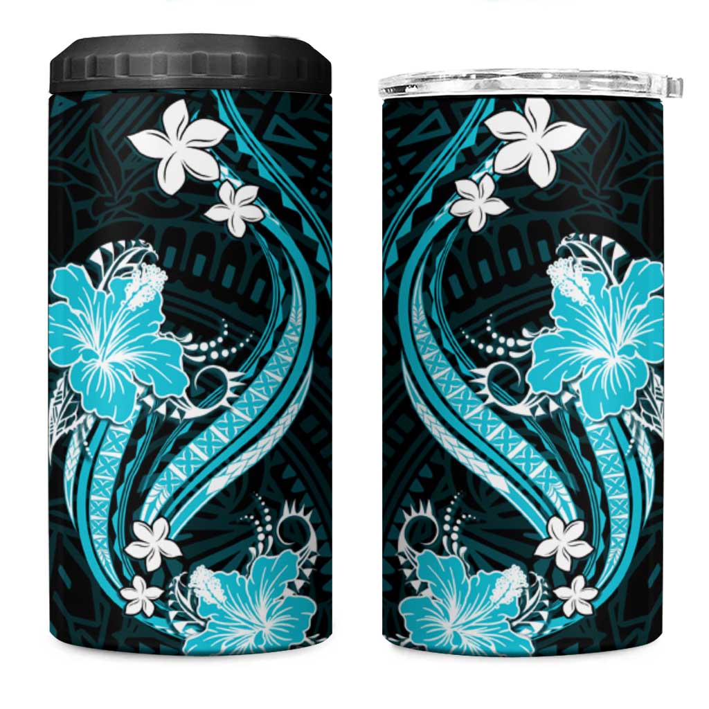 Aqua Polynesian Pattern With Tropical Flowers 4 in 1 Can Cooler Tumbler