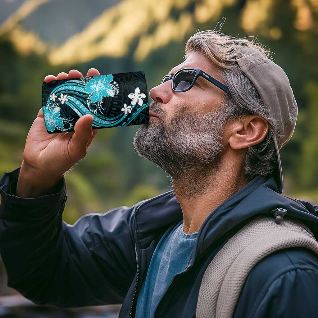 Aqua Polynesian Pattern With Tropical Flowers 4 in 1 Can Cooler Tumbler