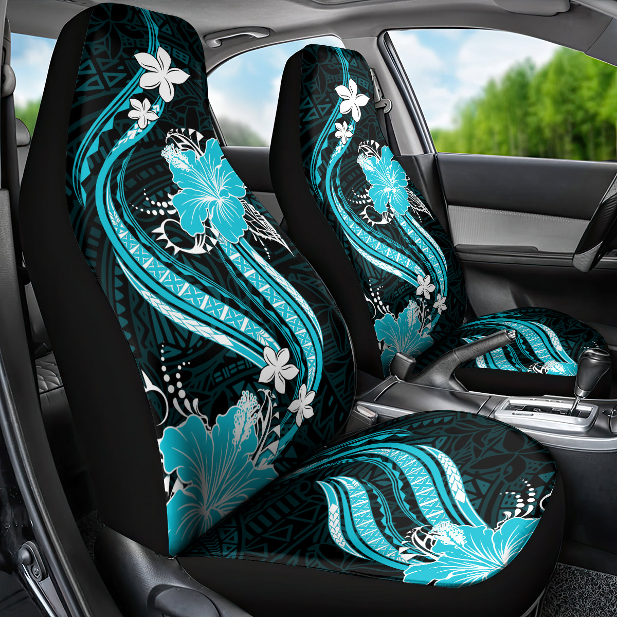 Aqua Polynesian Pattern With Tropical Flowers Car Seat Cover LT05 - Polynesian Pride