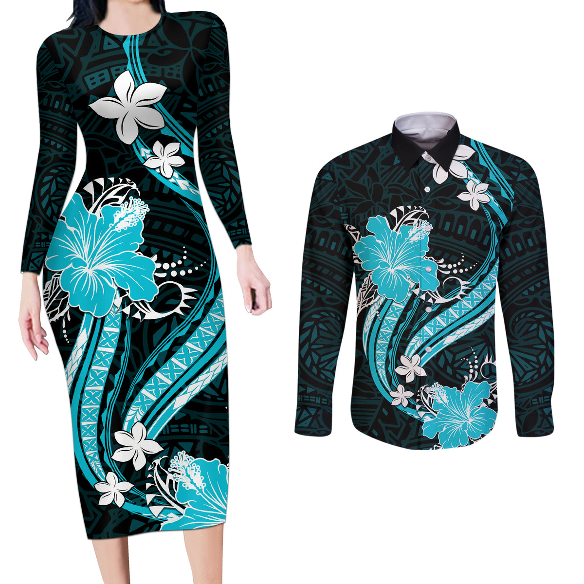 Aqua Polynesian Pattern With Tropical Flowers Couples Matching Long Sleeve Bodycon Dress and Long Sleeve Button Shirt LT05 Aqua - Polynesian Pride