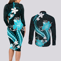 Aqua Polynesian Pattern With Tropical Flowers Couples Matching Long Sleeve Bodycon Dress and Long Sleeve Button Shirt LT05 - Polynesian Pride