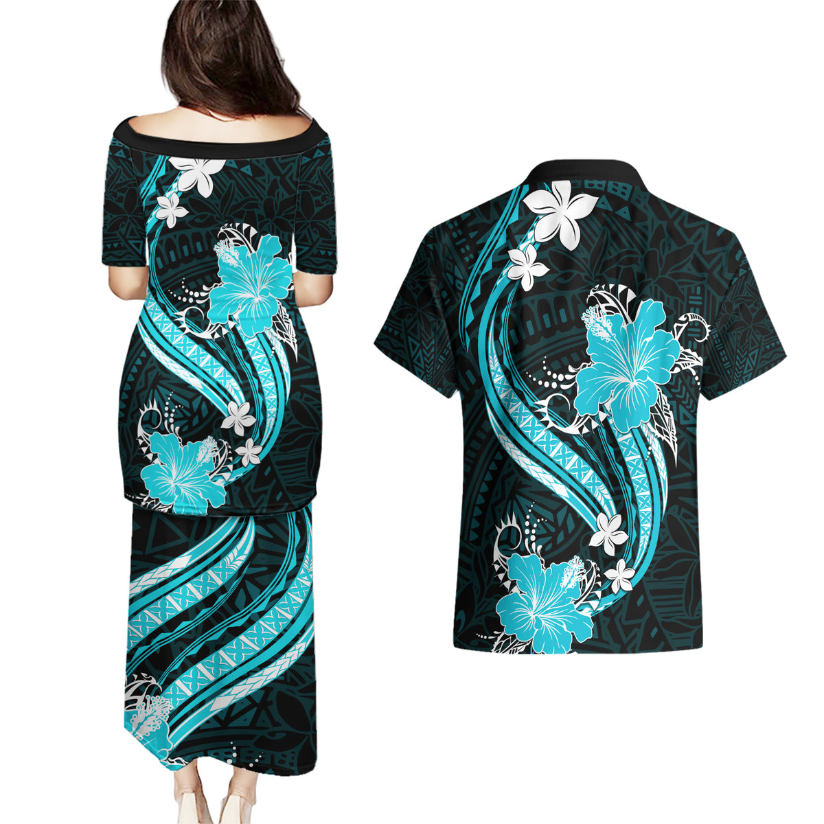 Aqua Polynesian Pattern With Tropical Flowers Couples Matching Puletasi Dress and Hawaiian Shirt LT05 - Polynesian Pride