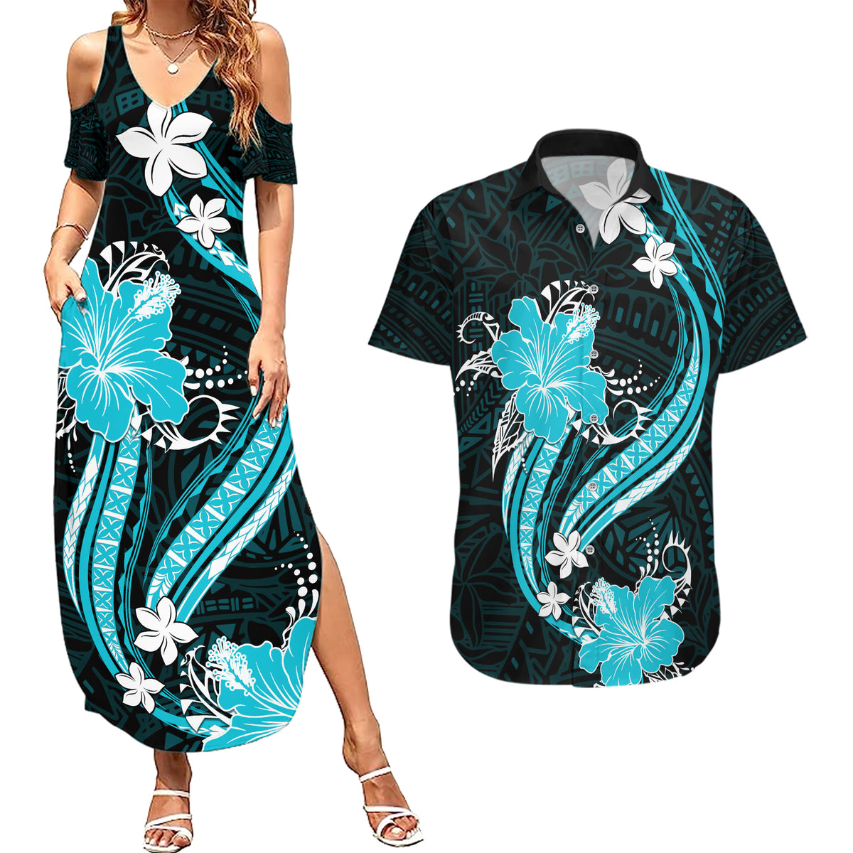 Aqua Polynesian Pattern With Tropical Flowers Couples Matching Summer Maxi Dress and Hawaiian Shirt LT05 Aqua - Polynesian Pride