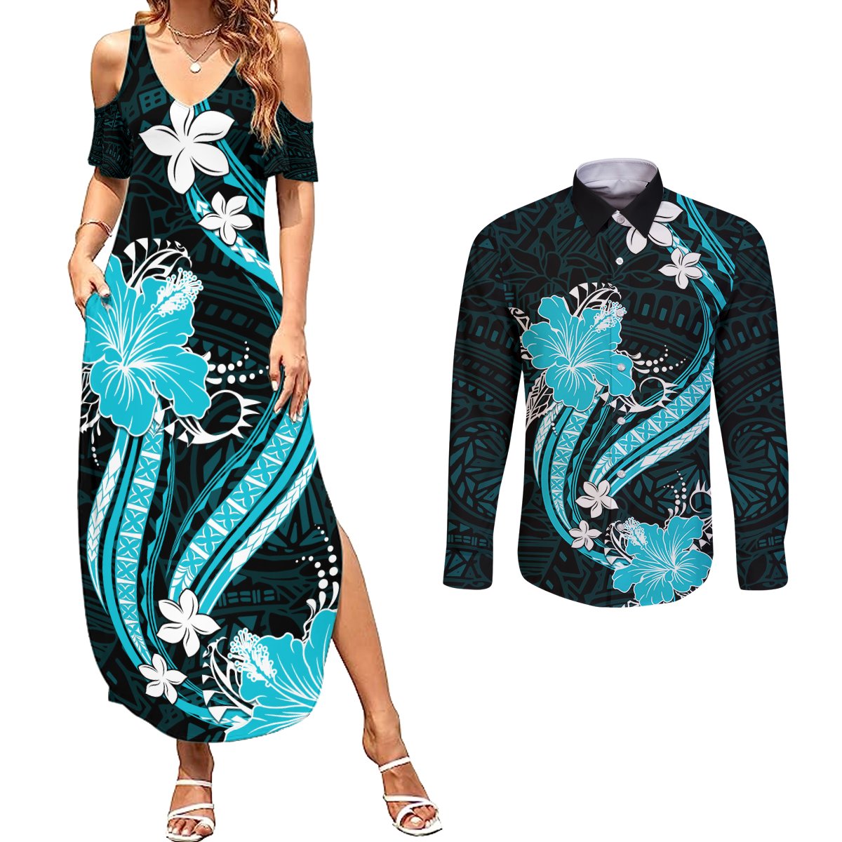Aqua Polynesian Pattern With Tropical Flowers Couples Matching Summer Maxi Dress and Long Sleeve Button Shirt LT05 Aqua - Polynesian Pride