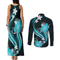 Aqua Polynesian Pattern With Tropical Flowers Couples Matching Tank Maxi Dress and Long Sleeve Button Shirt LT05 - Polynesian Pride
