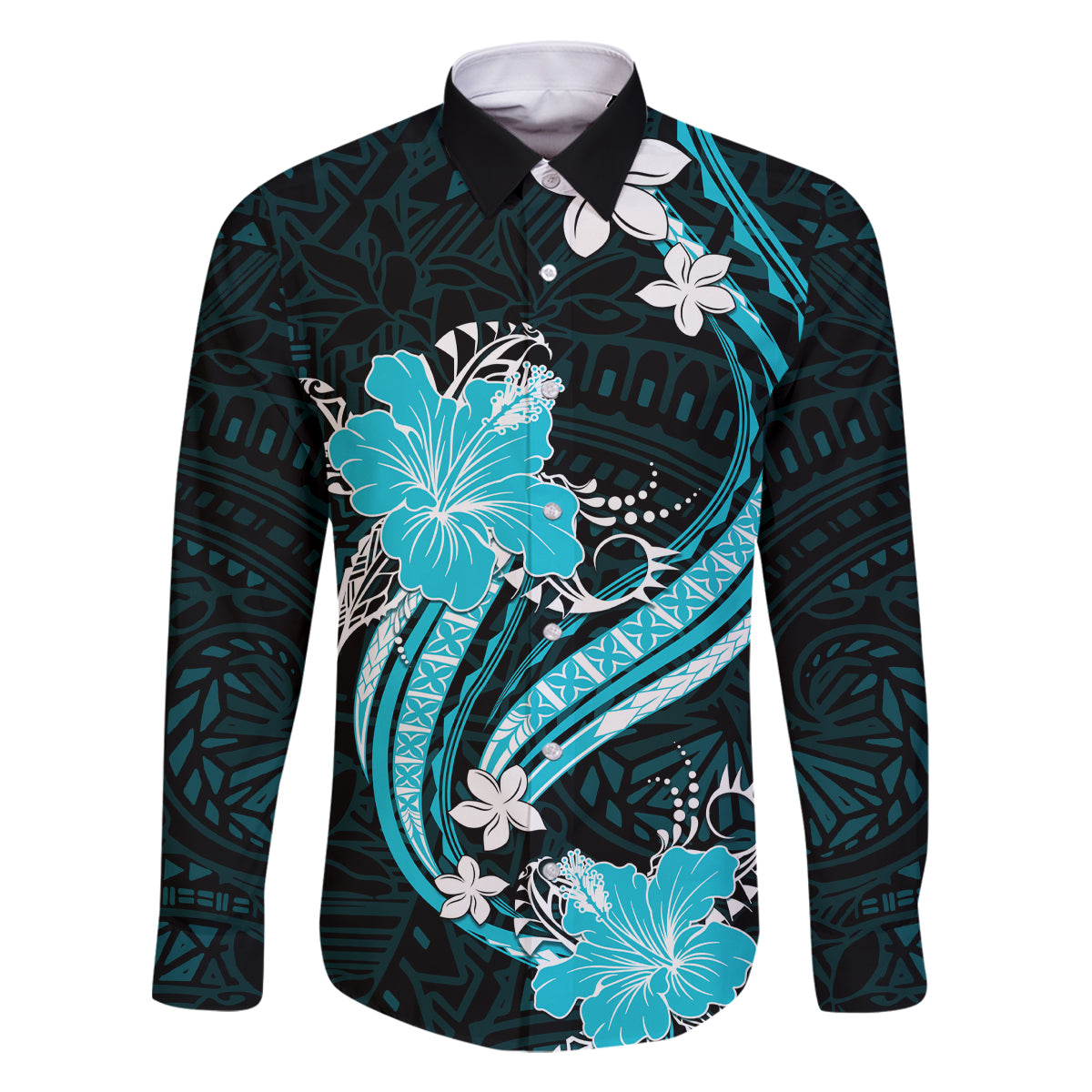 Aqua Polynesian Pattern With Tropical Flowers Family Matching Long Sleeve Bodycon Dress and Hawaiian Shirt LT05 Dad's Shirt - Long Sleeve Aqua - Polynesian Pride