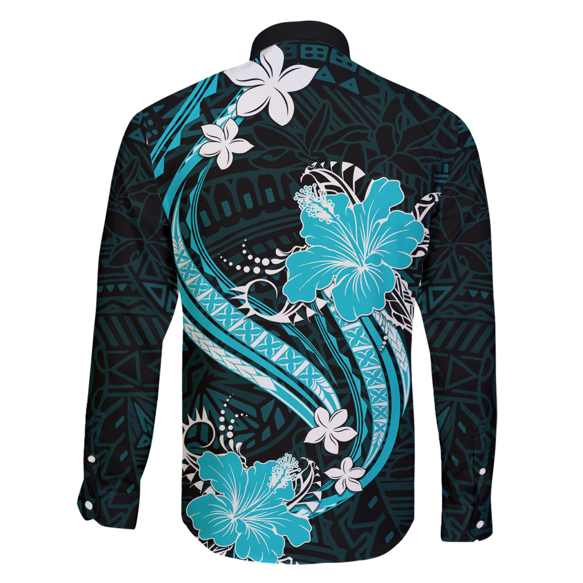 Aqua Polynesian Pattern With Tropical Flowers Family Matching Long Sleeve Bodycon Dress and Hawaiian Shirt LT05 - Polynesian Pride