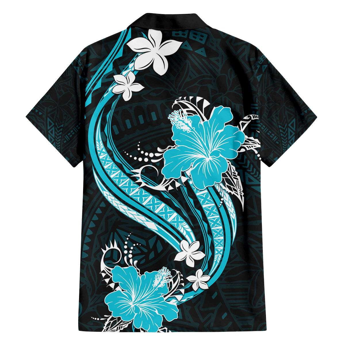Aqua Polynesian Pattern With Tropical Flowers Family Matching Off Shoulder Long Sleeve Dress and Hawaiian Shirt LT05 - Polynesian Pride