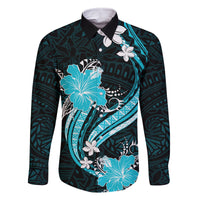 Aqua Polynesian Pattern With Tropical Flowers Family Matching Off Shoulder Long Sleeve Dress and Hawaiian Shirt LT05 Dad's Shirt - Long Sleeve Aqua - Polynesian Pride