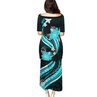 Aqua Polynesian Pattern With Tropical Flowers Family Matching Puletasi Dress and Hawaiian Shirt LT05 - Polynesian Pride