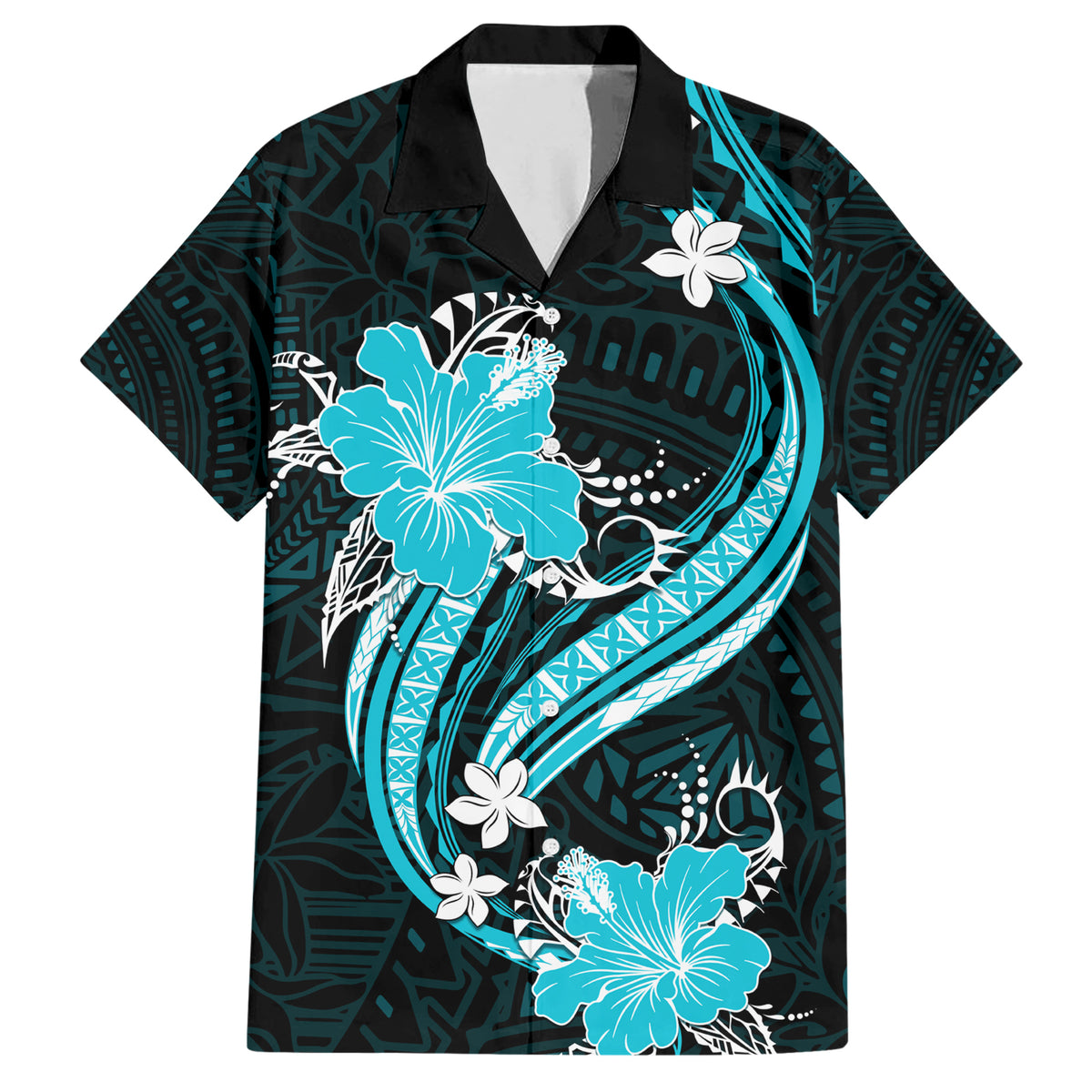 Aqua Polynesian Pattern With Tropical Flowers Family Matching Short Sleeve Bodycon Dress and Hawaiian Shirt LT05 Dad's Shirt - Short Sleeve Aqua - Polynesian Pride