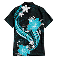 Aqua Polynesian Pattern With Tropical Flowers Family Matching Short Sleeve Bodycon Dress and Hawaiian Shirt LT05 - Polynesian Pride