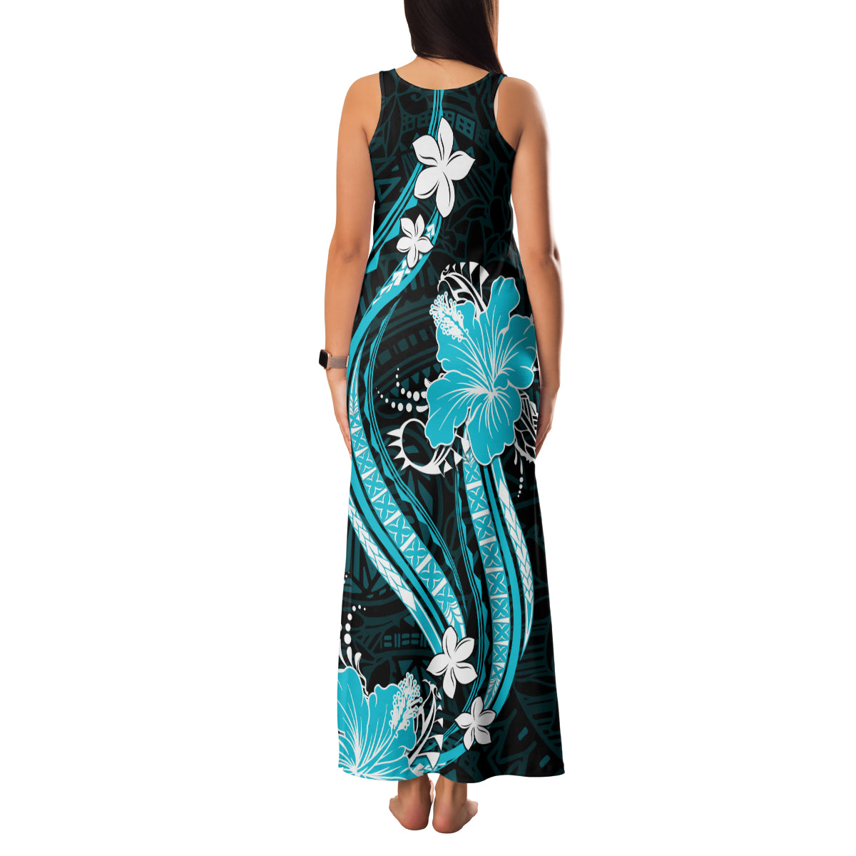Aqua Polynesian Pattern With Tropical Flowers Family Matching Tank Maxi Dress and Hawaiian Shirt LT05 - Polynesian Pride