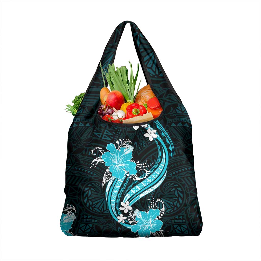 Aqua Polynesian Pattern With Tropical Flowers Grocery Bag