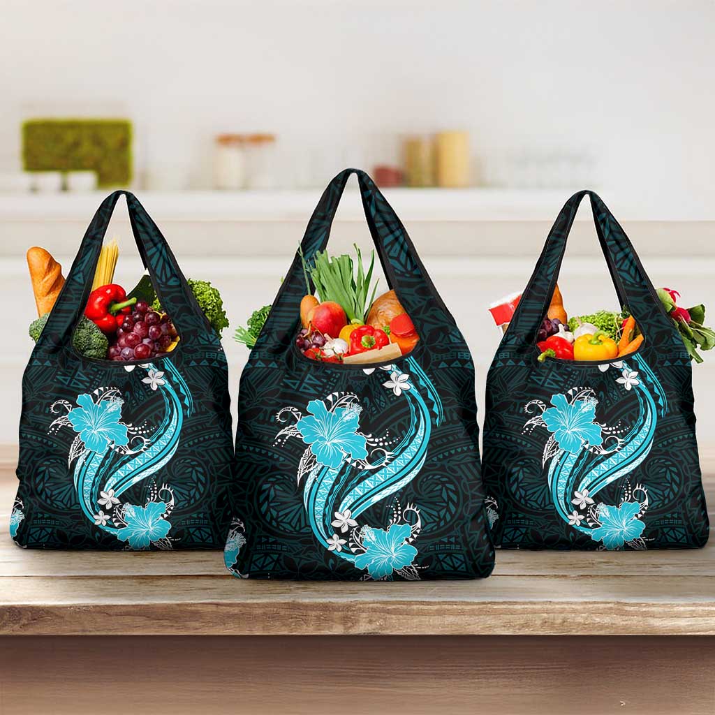 Aqua Polynesian Pattern With Tropical Flowers Grocery Bag