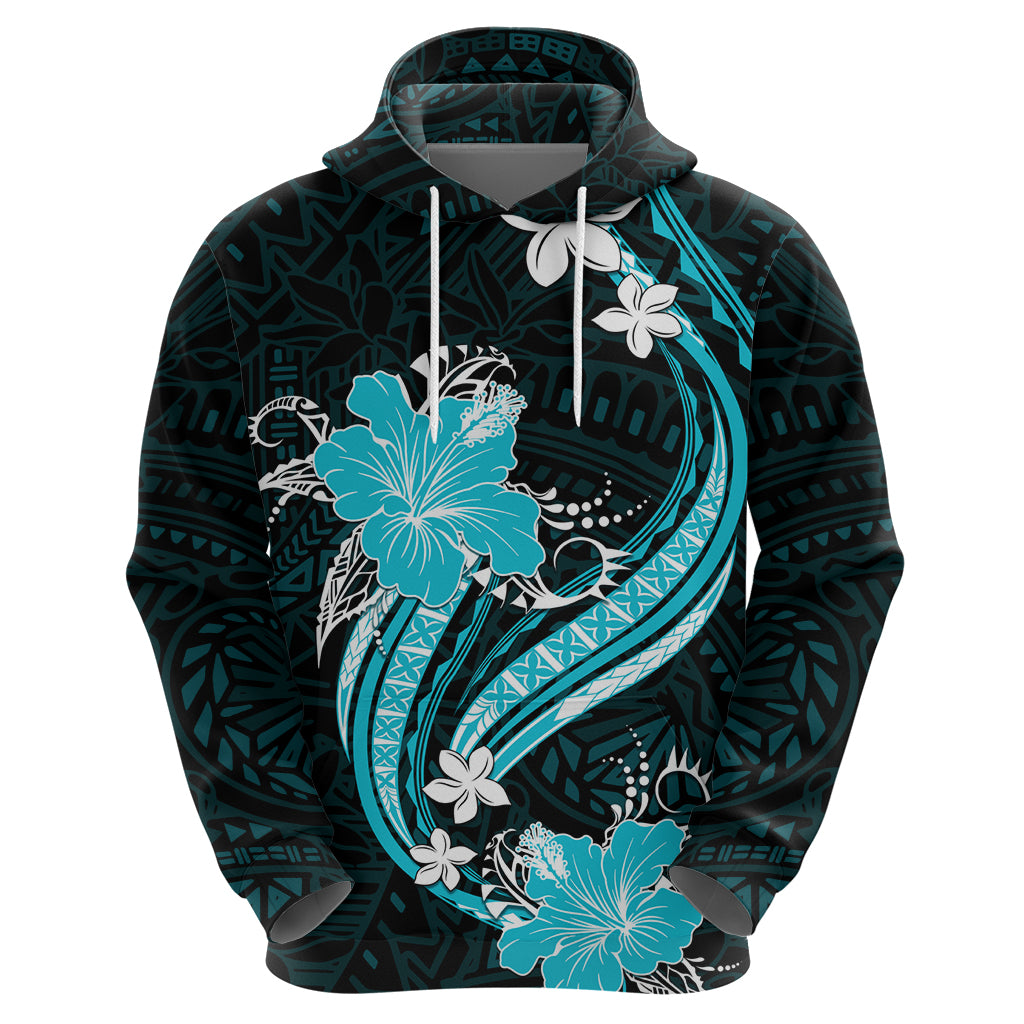 Aqua Polynesian Pattern With Tropical Flowers Hoodie LT05 - Polynesian Pride