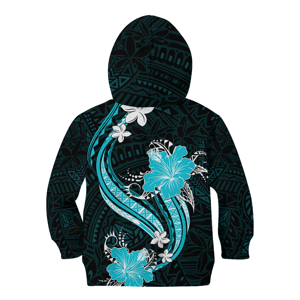 Aqua Polynesian Pattern With Tropical Flowers Kid Hoodie LT05 - Polynesian Pride