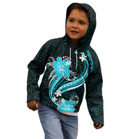 Aqua Polynesian Pattern With Tropical Flowers Kid Hoodie LT05 - Polynesian Pride