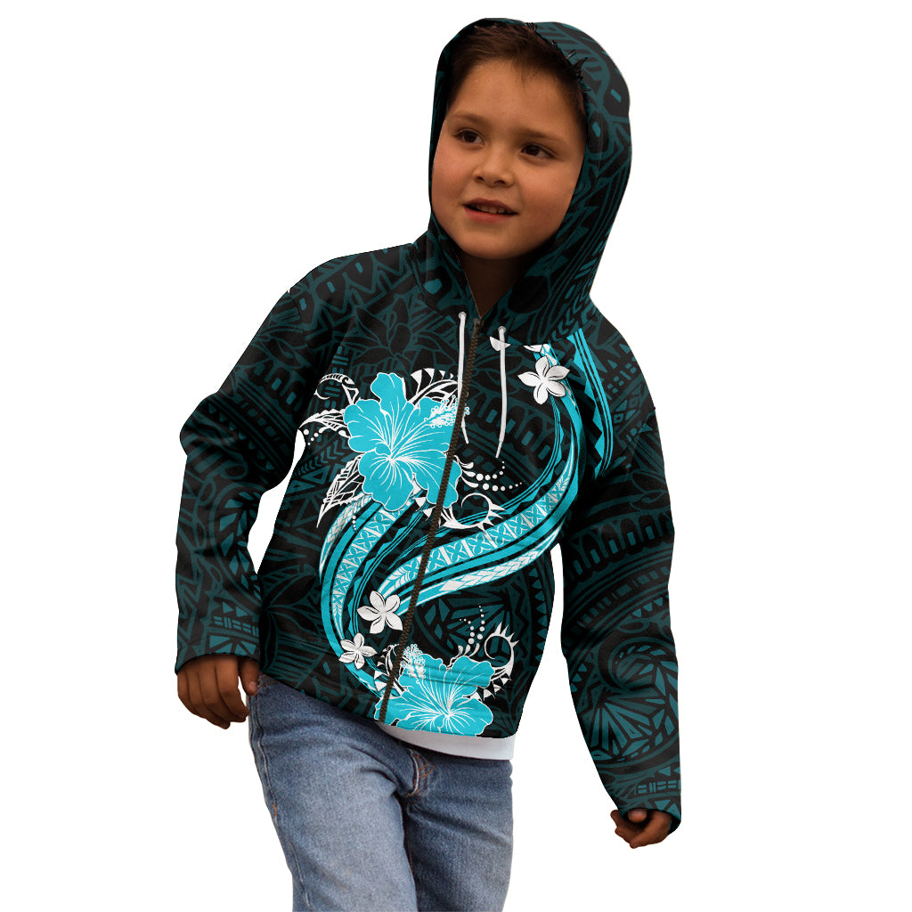 Aqua Polynesian Pattern With Tropical Flowers Kid Hoodie LT05 - Polynesian Pride